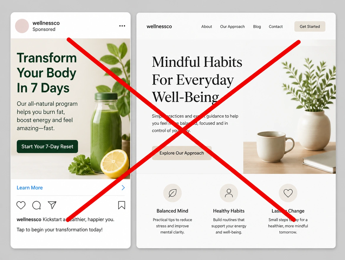 An Instagram advert beside the web page it opens, each carrying a different headline, crossed out in red