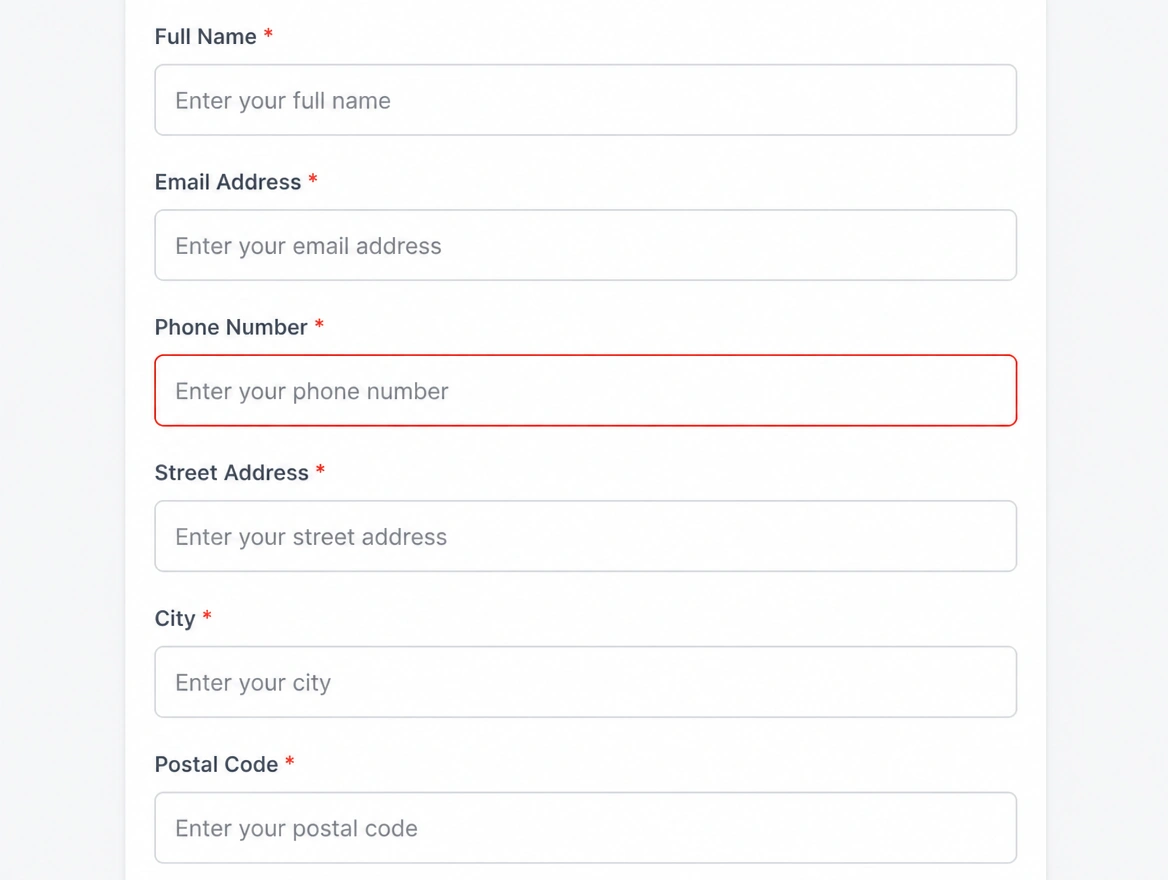 A six field mobile form with the third field outlined in red