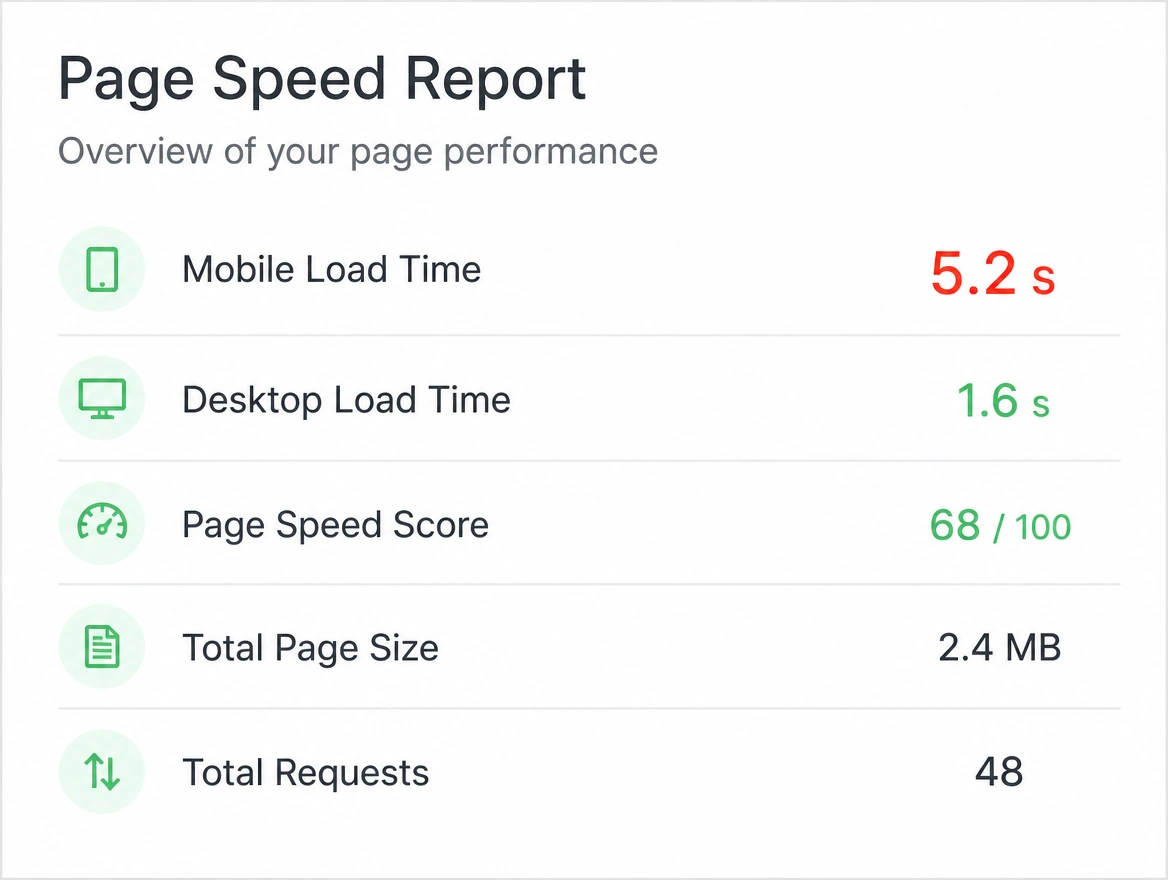 A page speed report with a mobile load time of 5.2 seconds printed in red