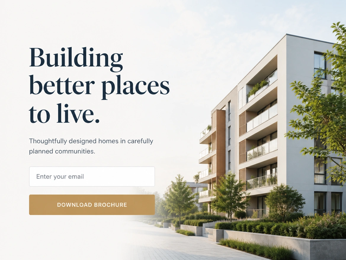 A property developer landing page with one headline, one short form and one button
