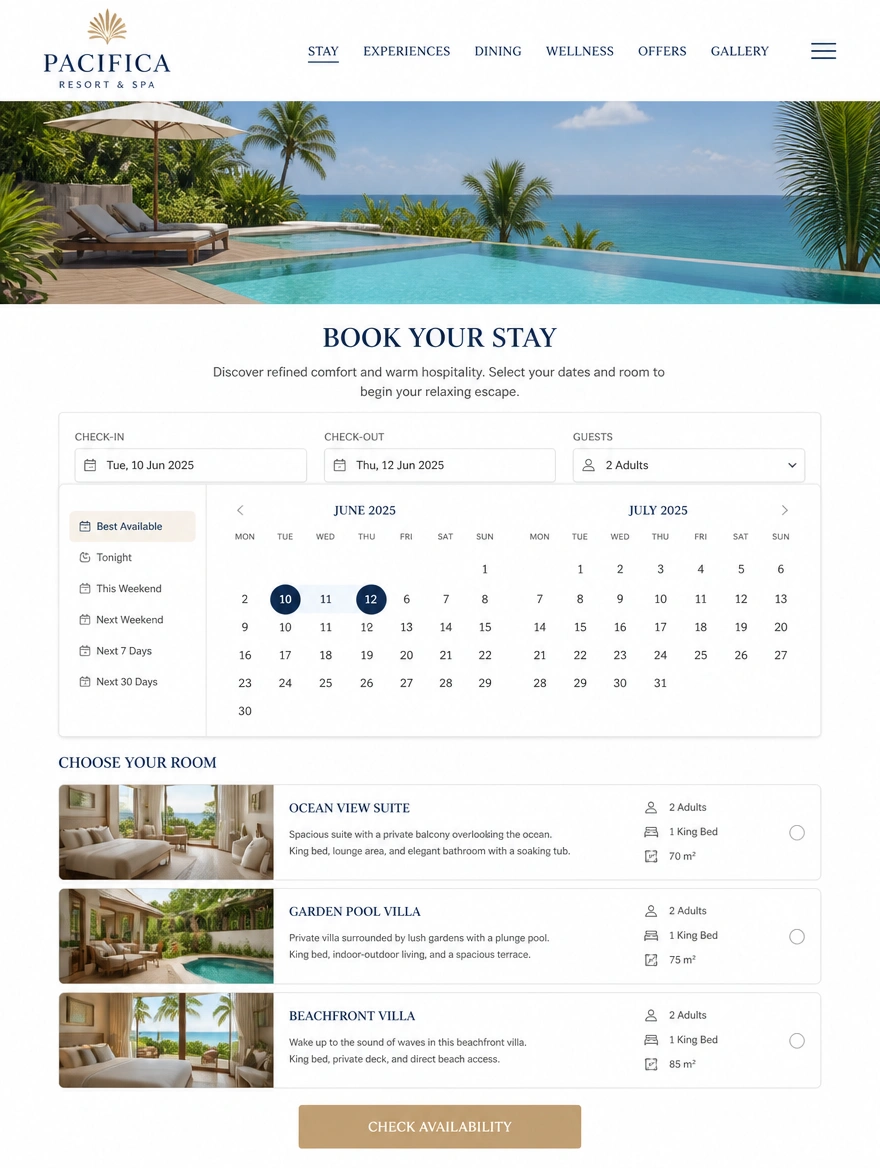 A resort booking page with a date picker, a room choice and one button