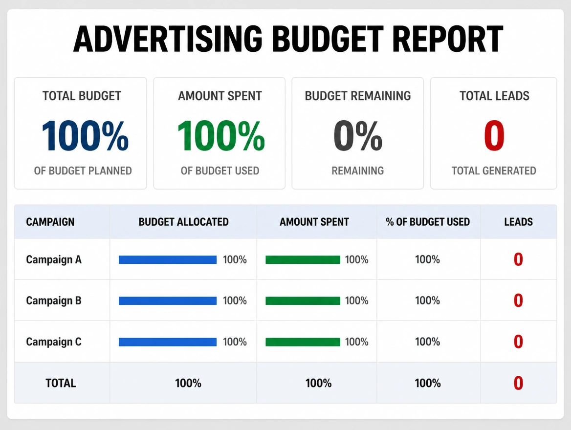 An advertising budget report showing the budget fully spent and zero leads in red