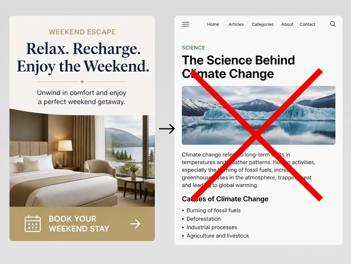A hotel advert beside the unrelated page it opens, crossed out in red