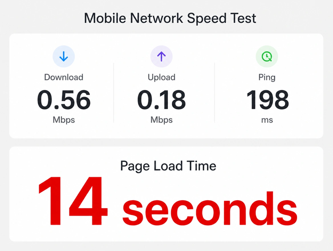 A mobile speed test beside a page load time of fourteen seconds in red