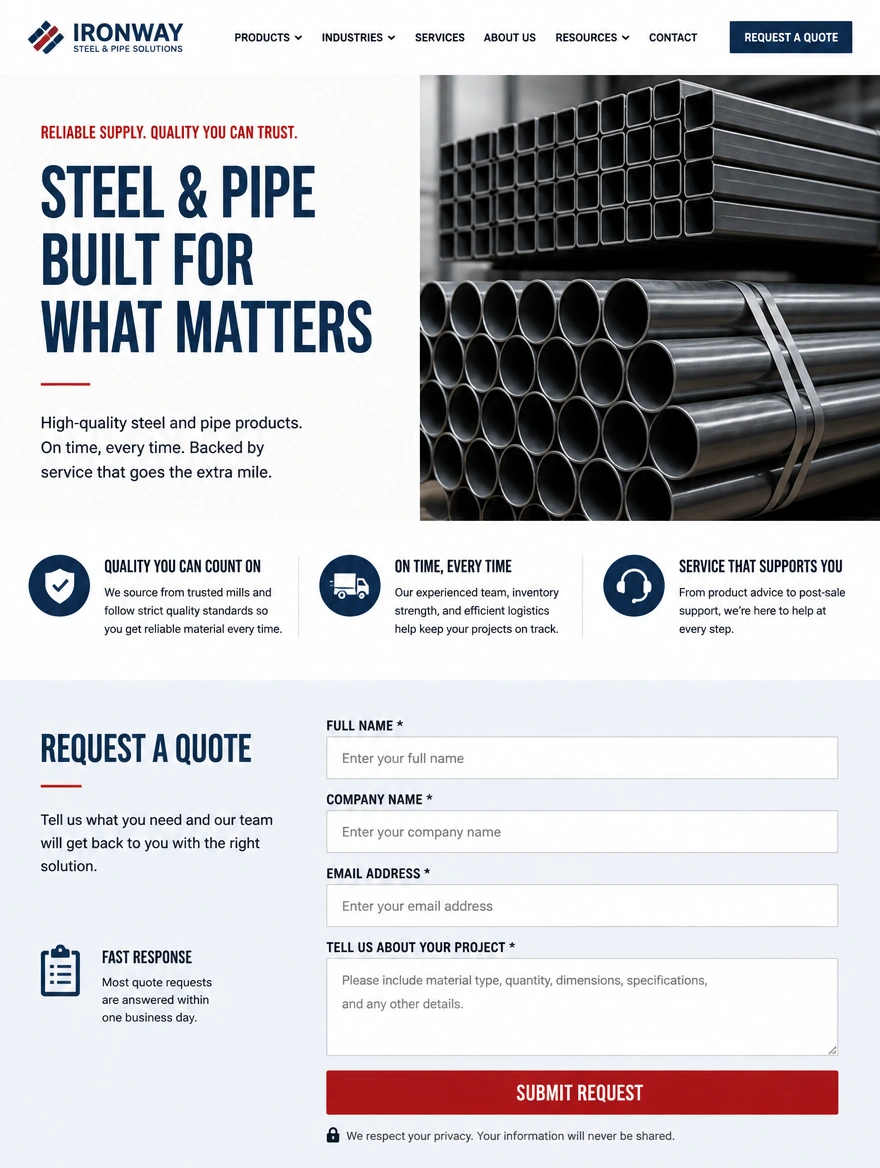 A steel and pipe supplier lead capture page with three bullet points and a four field quote form