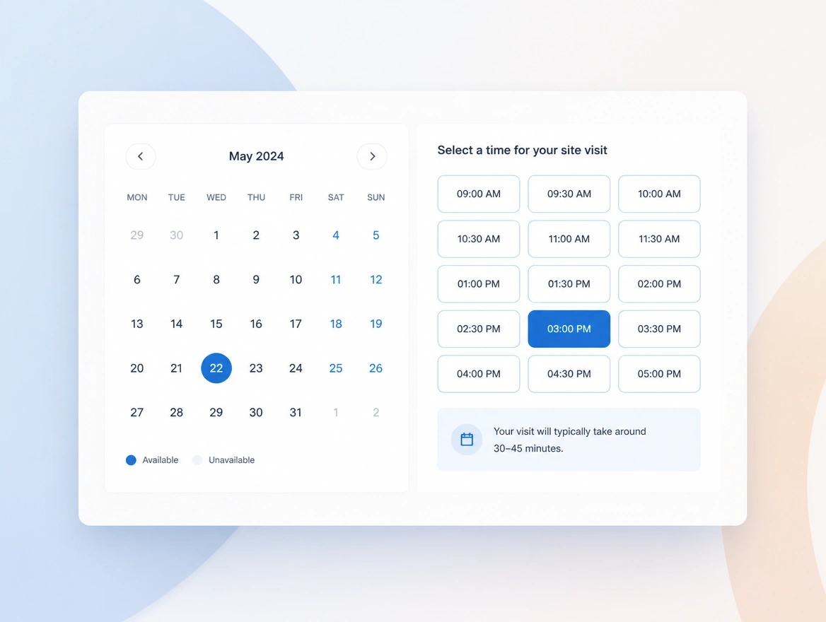 Website mockup showing booking and quote pages