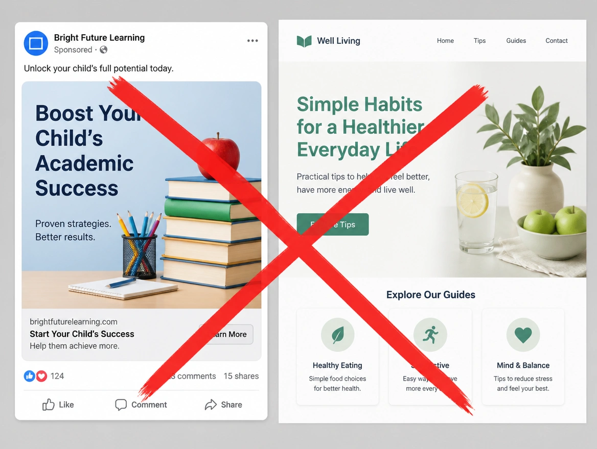 A Facebook advert beside the web page it opens, each carrying a different headline, crossed out in red