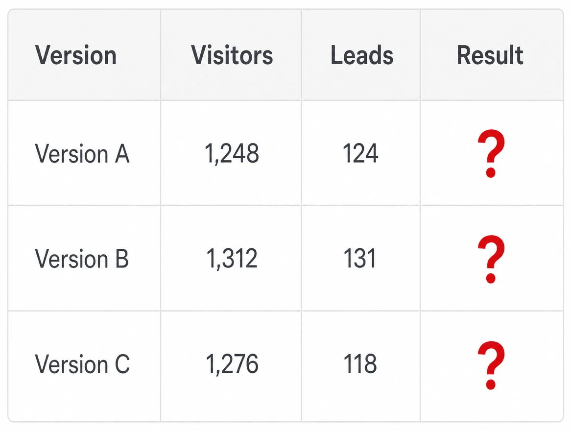 A split test table with three versions and red question marks where the result should be