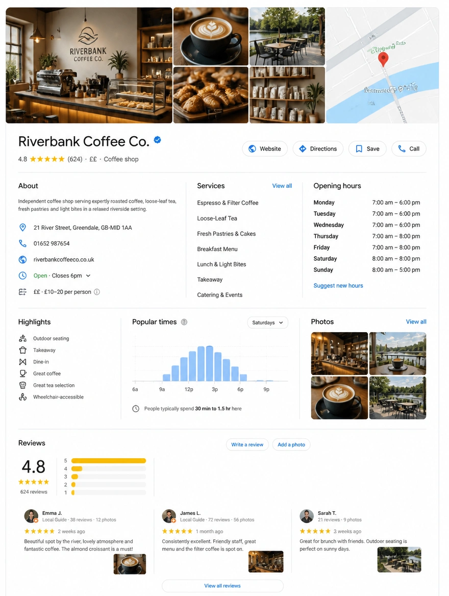 A complete business profile with photos, hours and reviews