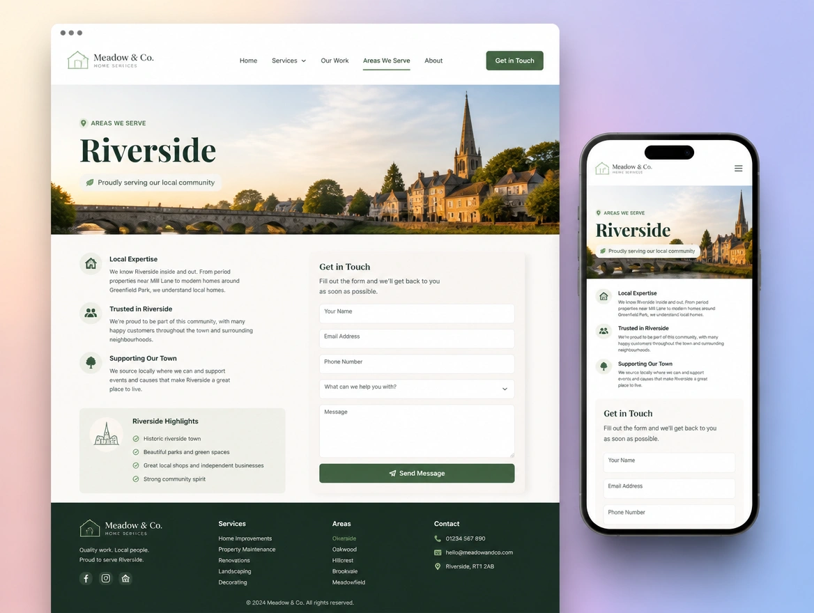 Website mockup showing area pages