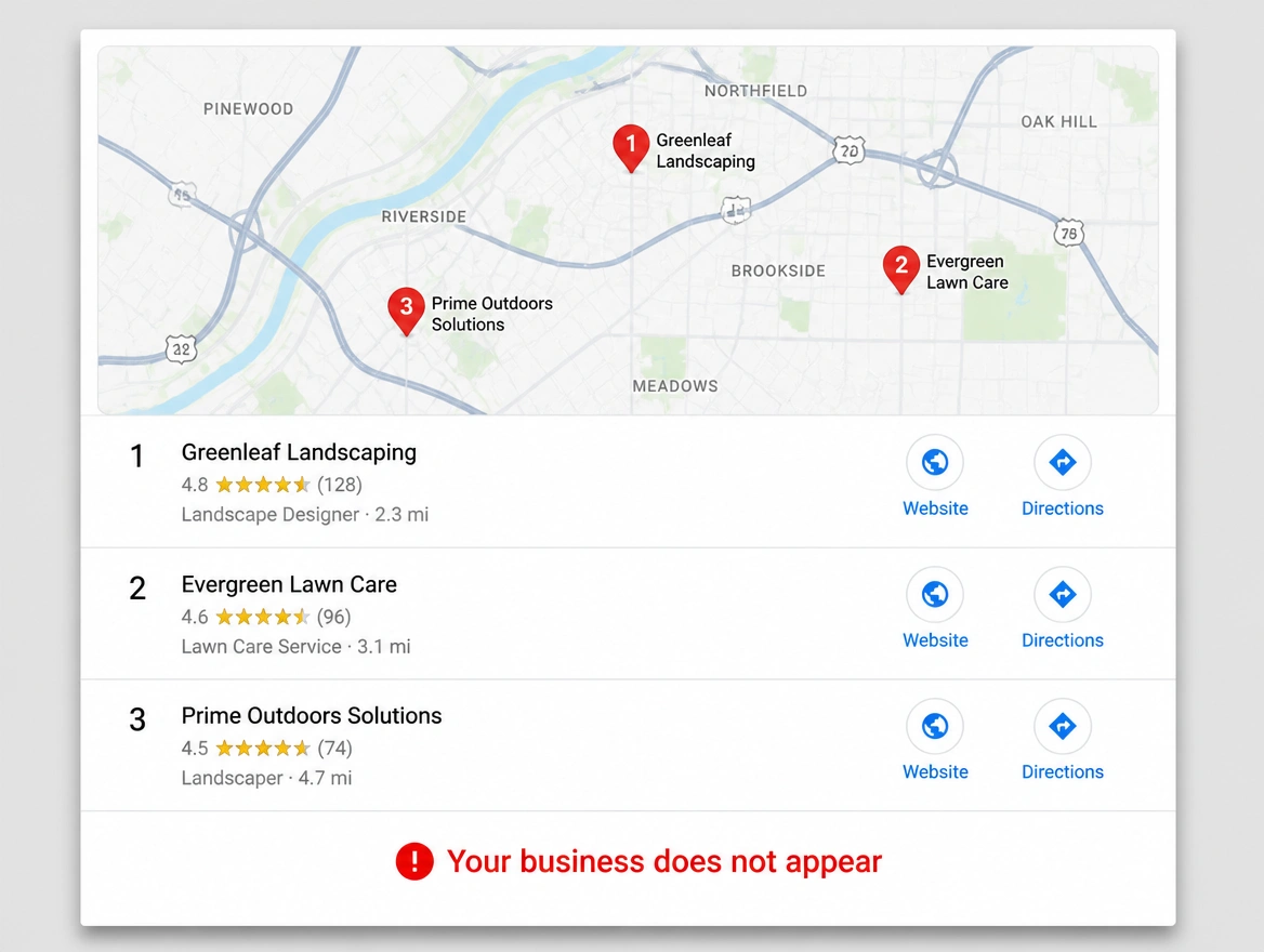 Map results listing three competitors with your business absent