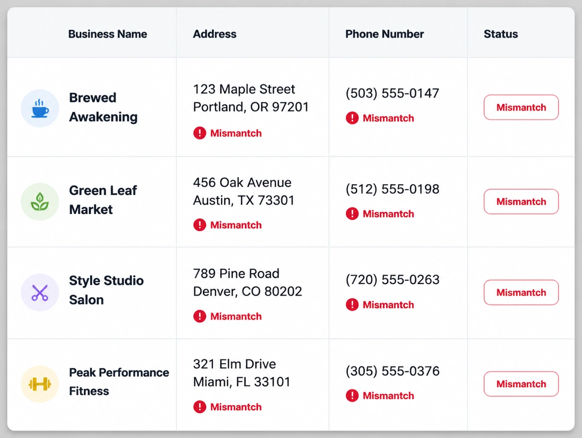 Directory listings showing a different address and phone on every row