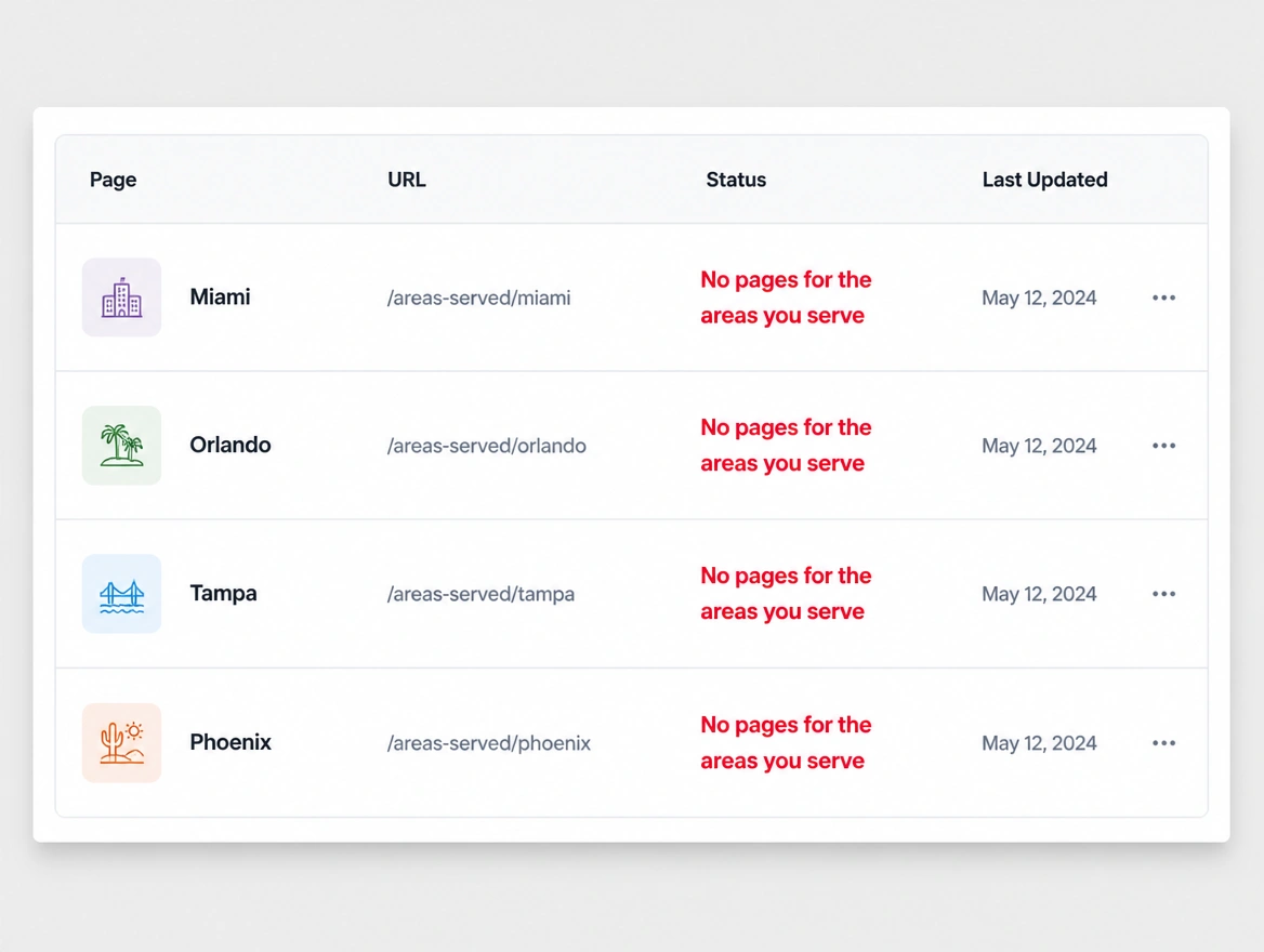 A website page list with no pages for the areas served