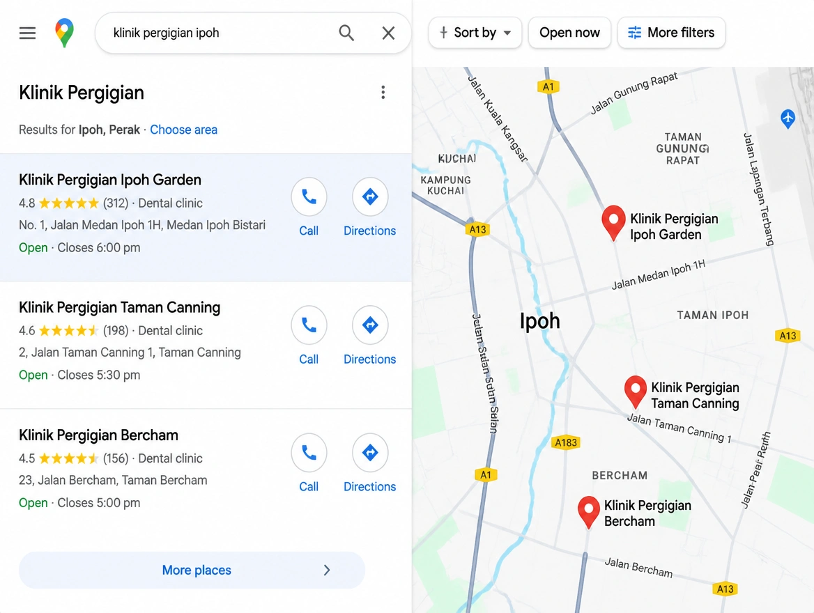 Map results for a dental clinic in Ipoh with ratings, call and directions buttons