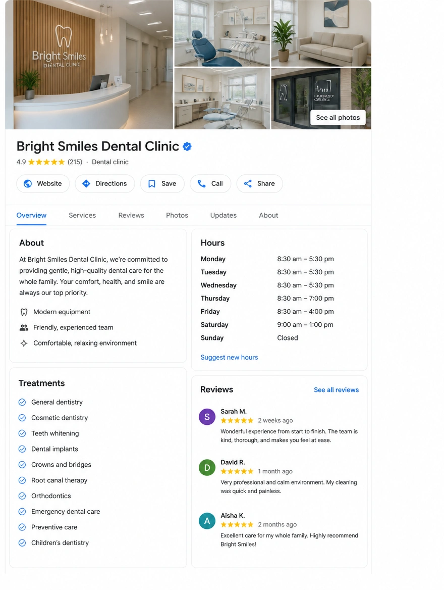 A complete business profile for a dental clinic with photographs, hours, services and reviews