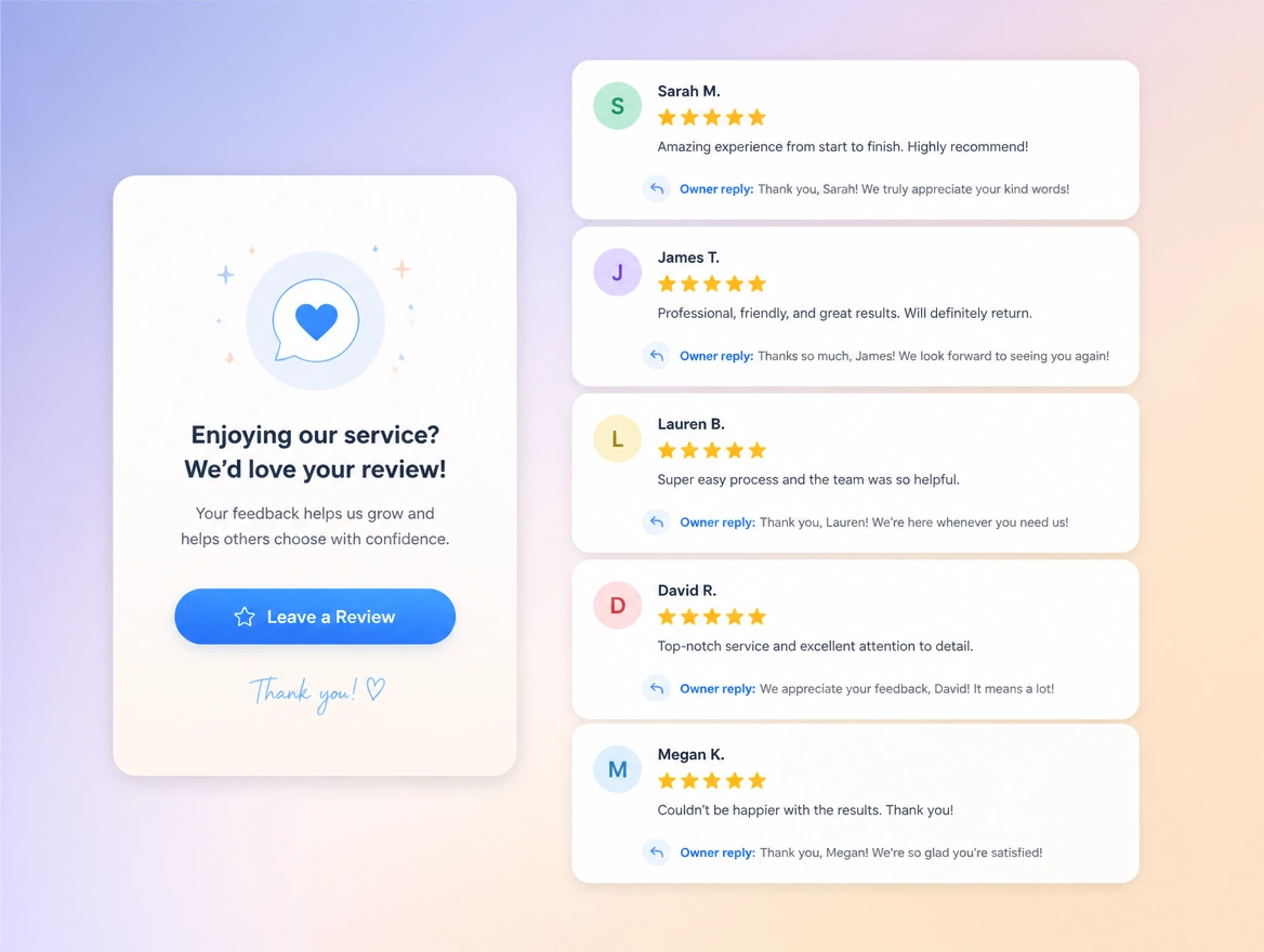 Website mockup showing reviews