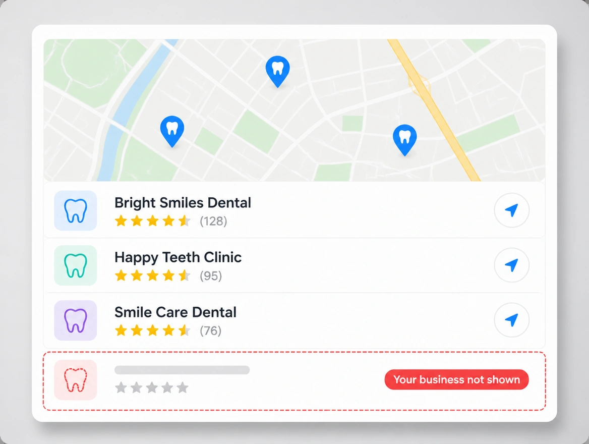Map results listing three competing clinics with your business not shown