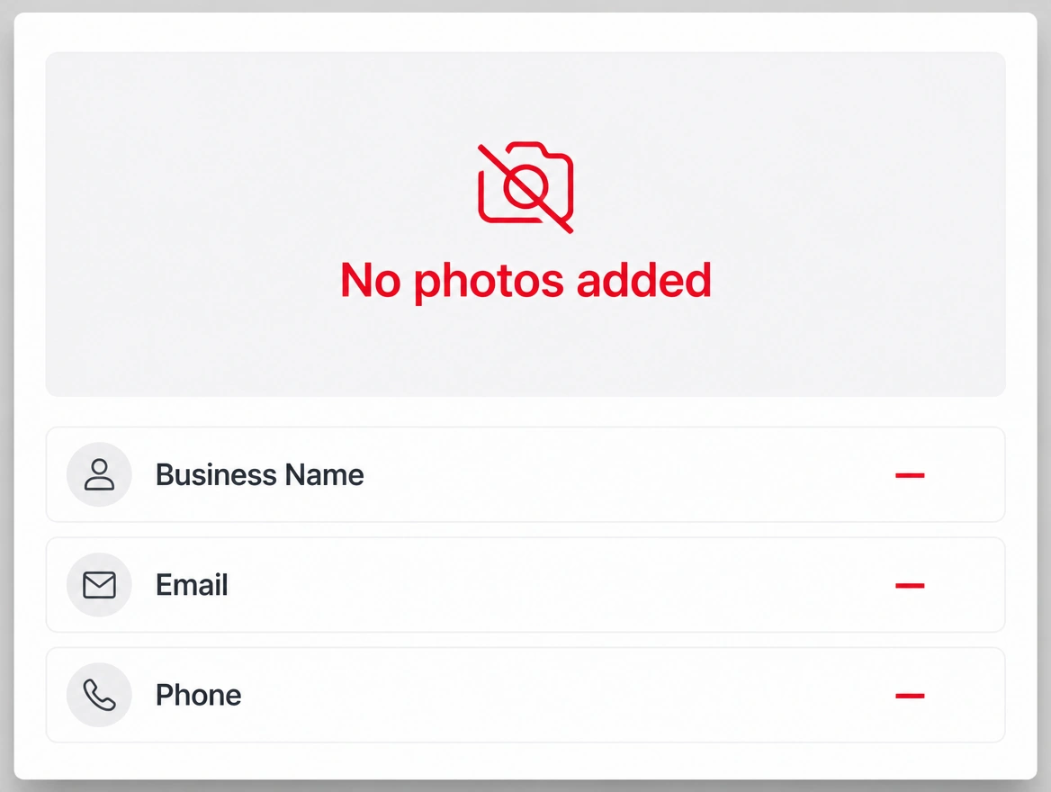 A business profile with an empty photograph area marked no photos added
