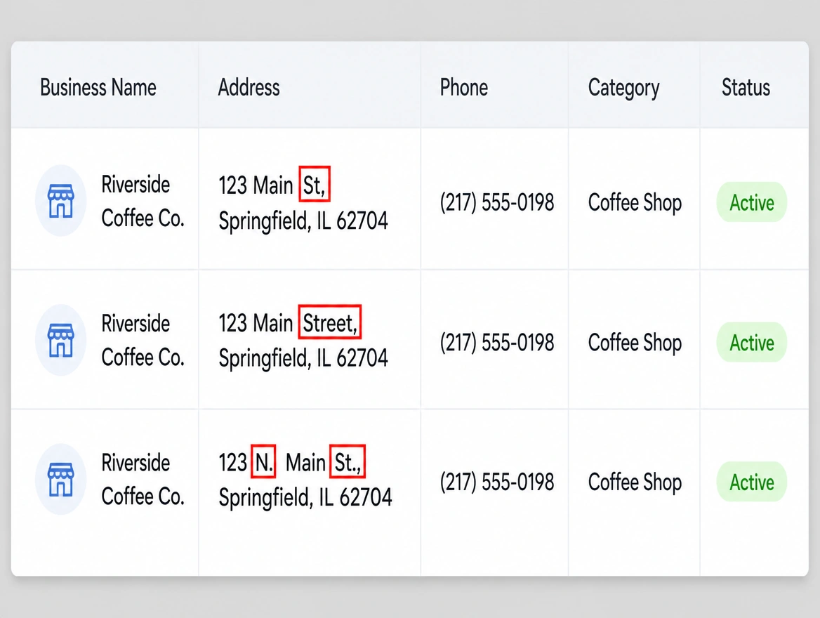 Three directory rows showing the same address written three different ways