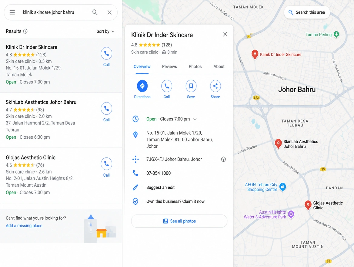 Map results for a skincare clinic in Johor Bahru with ratings, distances and call buttons