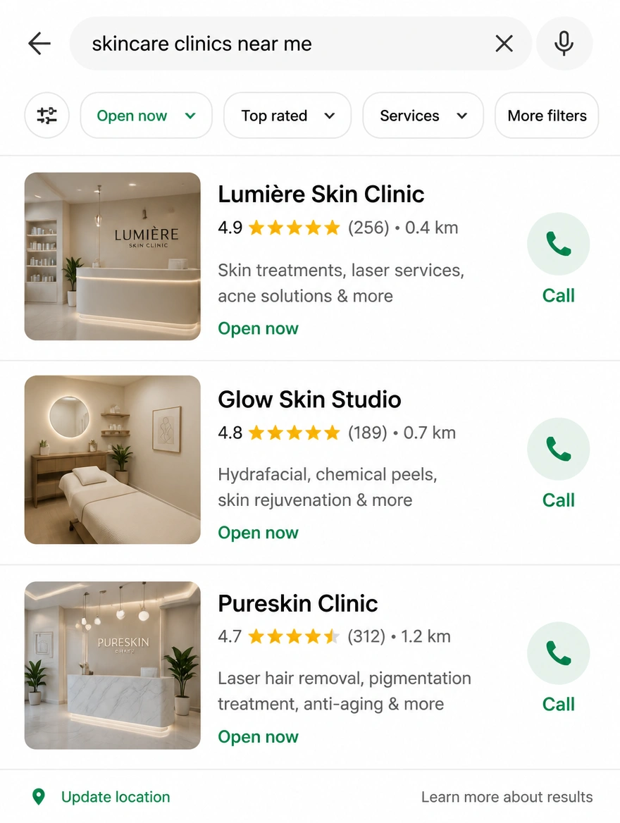 A nearby search results list showing clinics with ratings, an open now label and call buttons