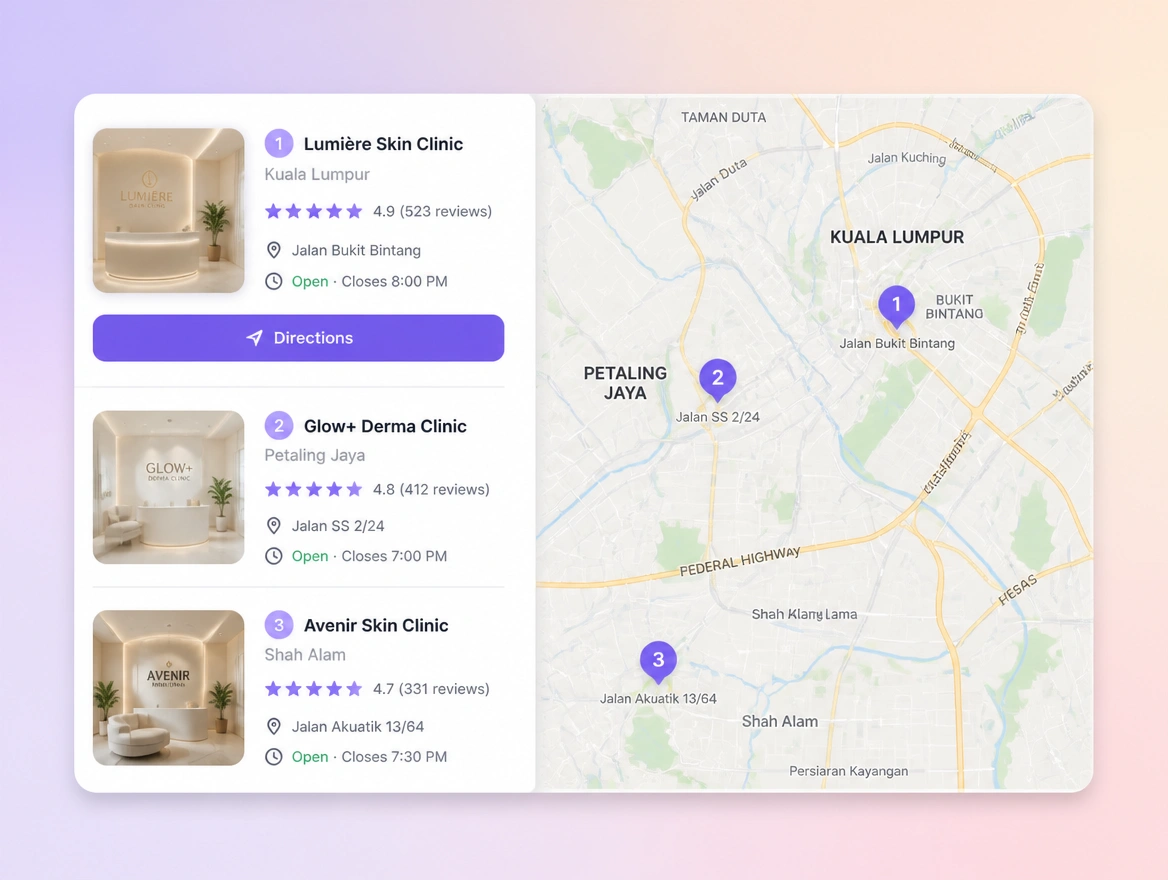 Website mockup showing map results