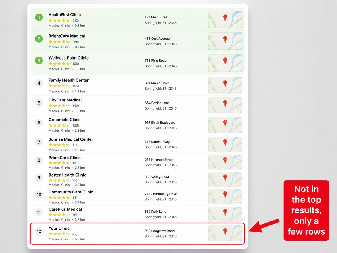 A nearby search where three rival clinics rank and your listing sits at position 12
