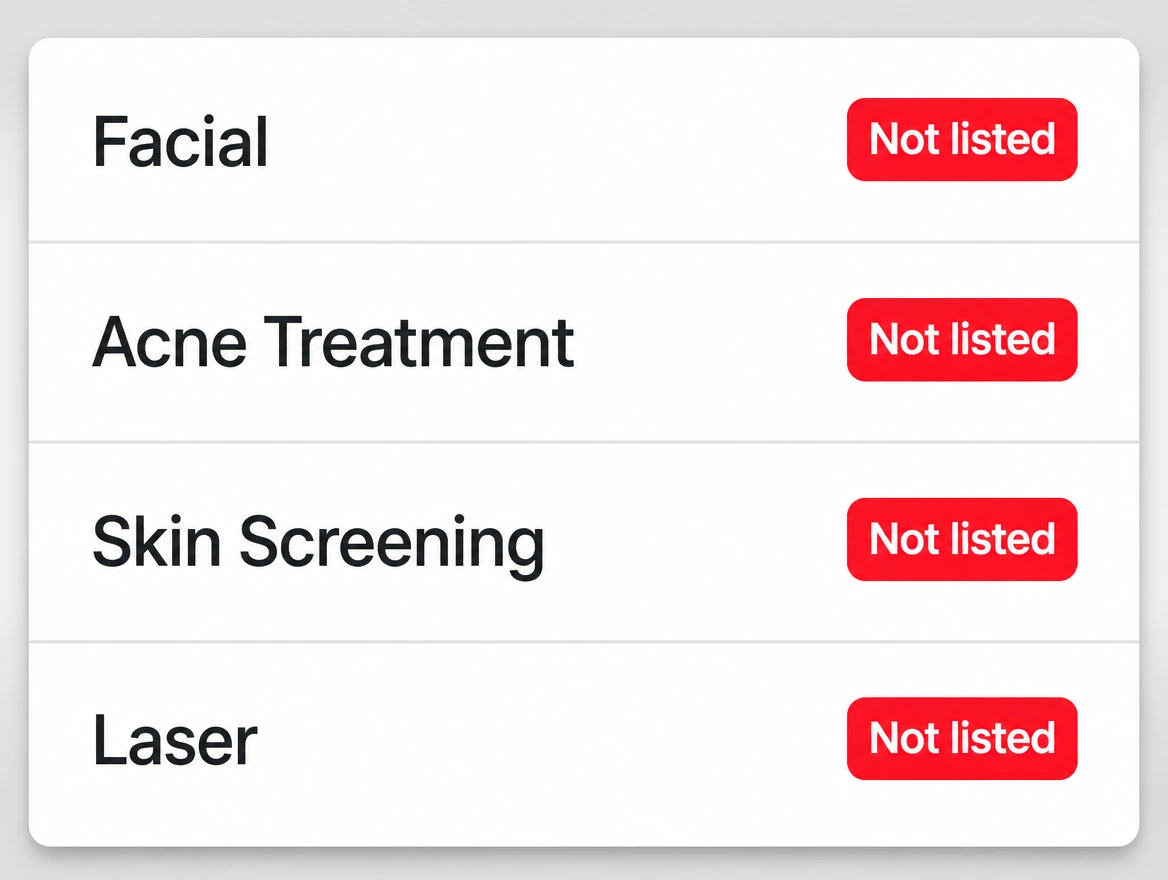 A profile services panel where every treatment row is marked not listed