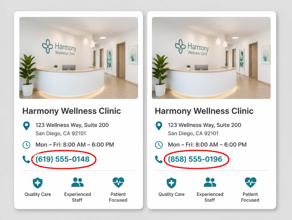Two listing cards showing two different phone numbers for the same clinic