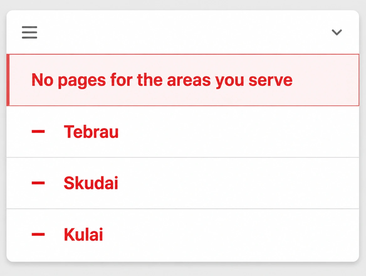 A website menu with no pages for Tebrau, Skudai or Kulai