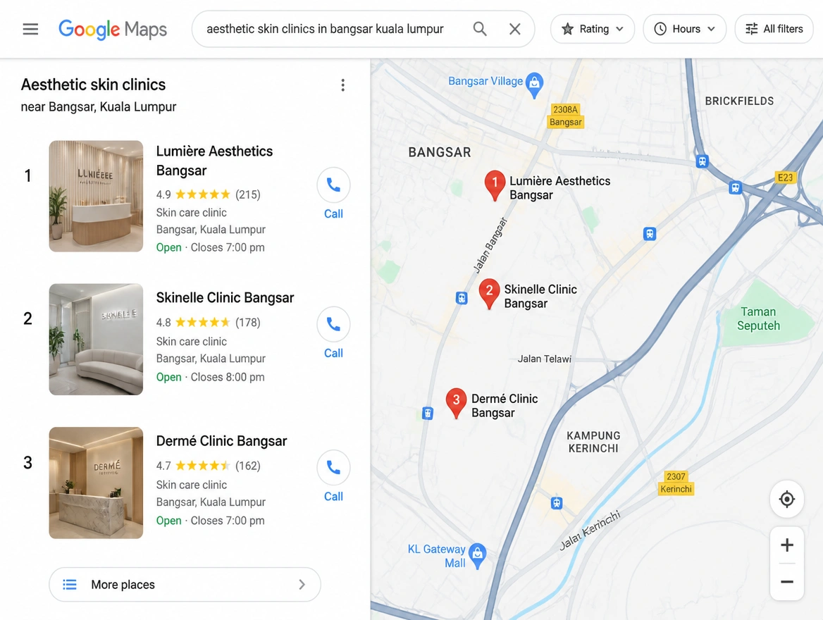 Map results for skin clinics in Bangsar with ratings and call buttons