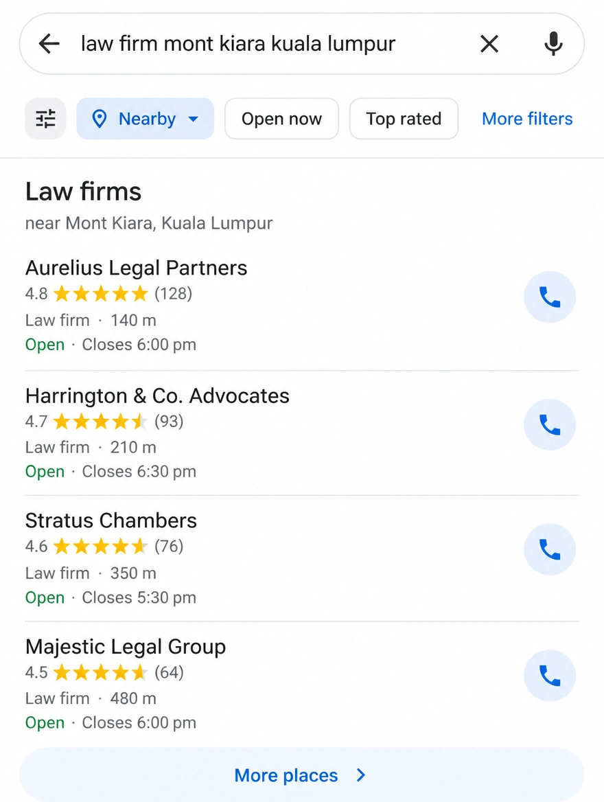A phone showing a nearby search for law firms in Mont Kiara with walking distances
