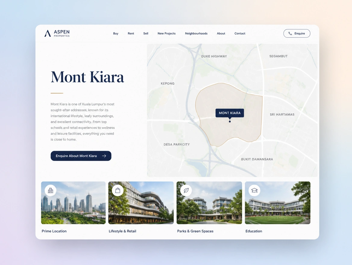 Website mockup showing area pages