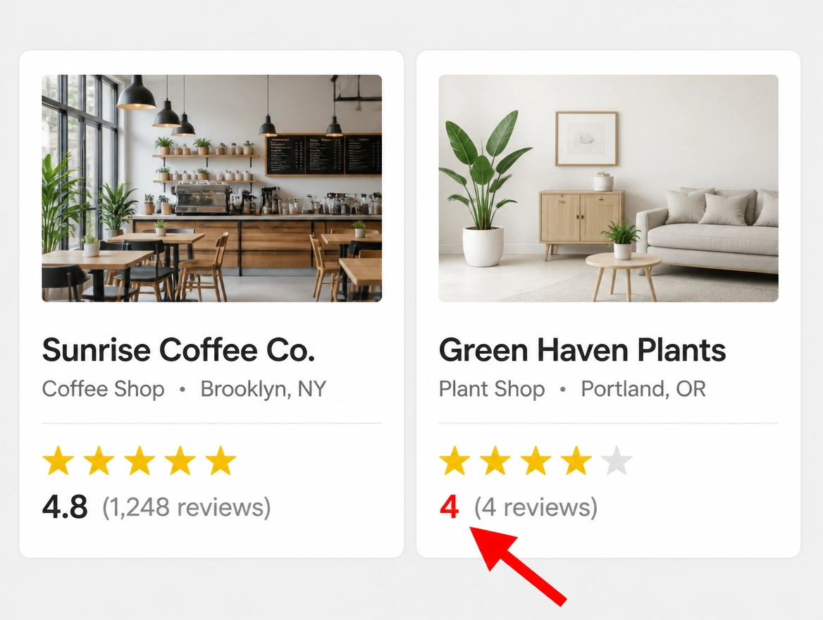 Two listings side by side, one with four reviews and one with hundreds