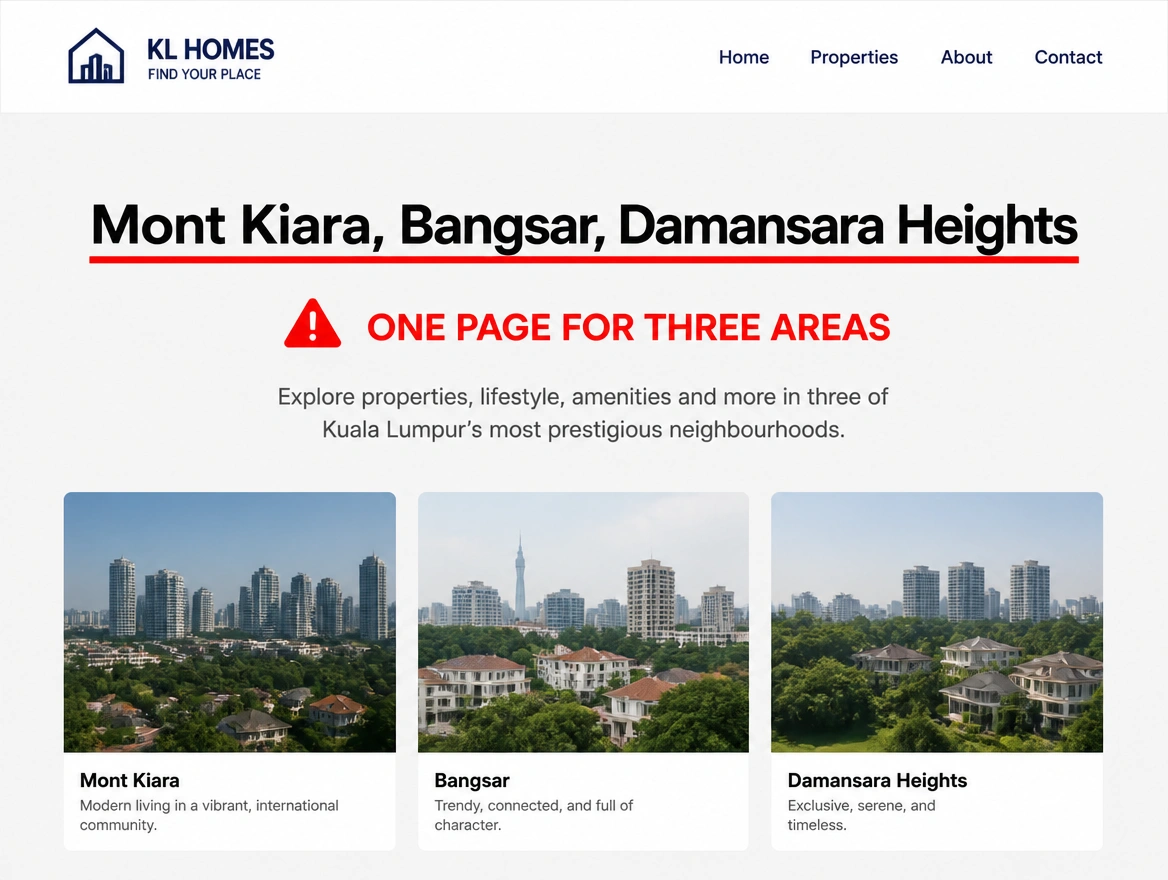 A single page heading crammed with three neighbourhood names