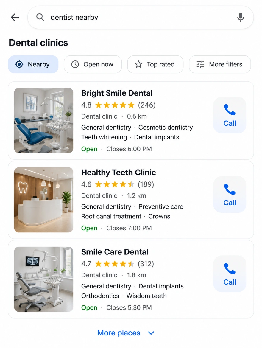 A nearby search on a phone showing businesses with distances and call buttons
