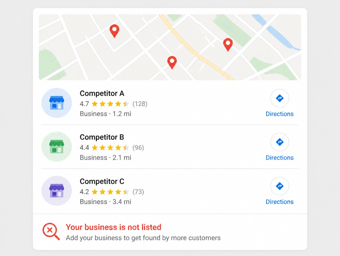 A local map result listing competitors where the business is not shown