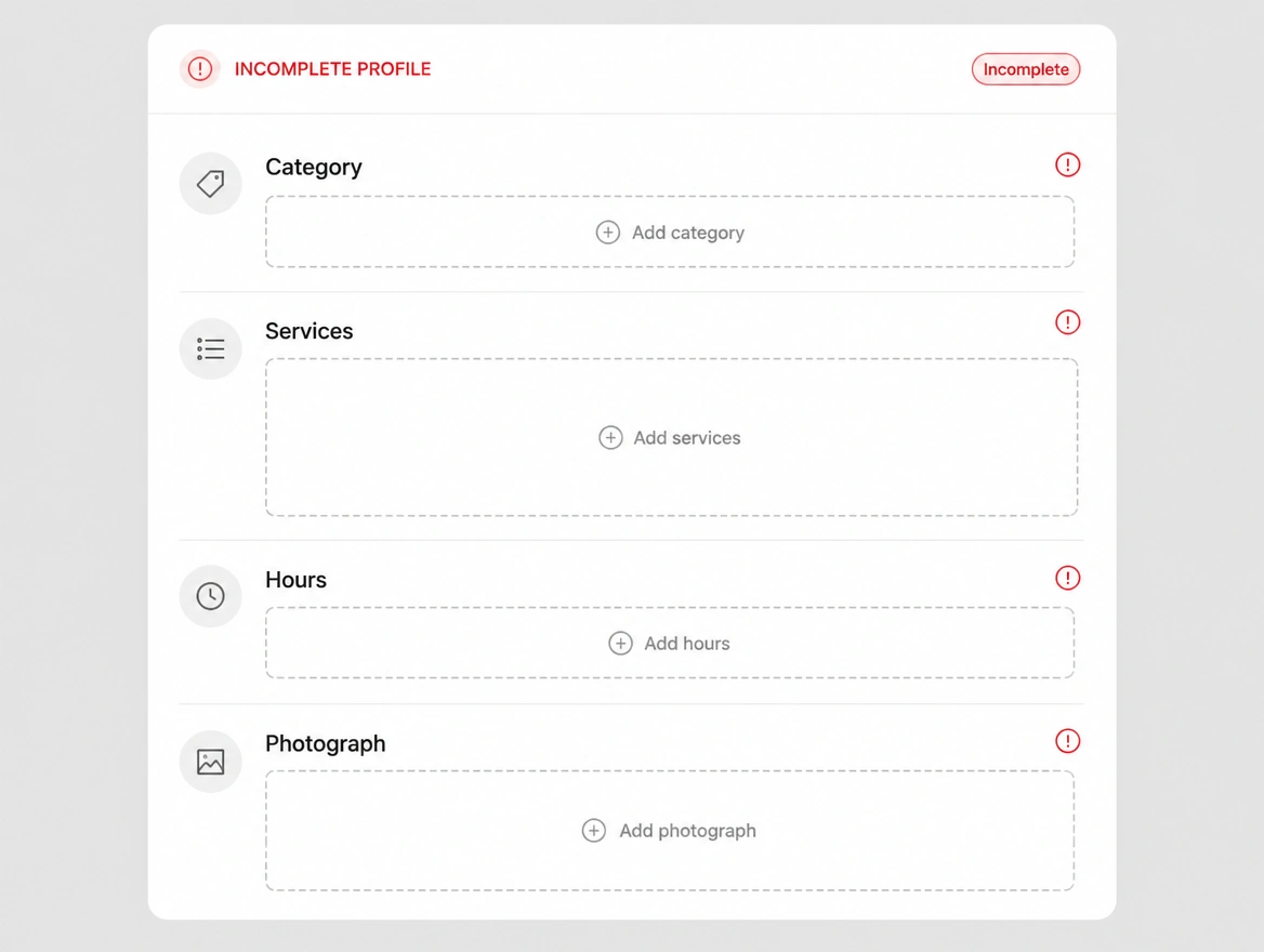 A business profile with the category, services, hours and photographs all empty