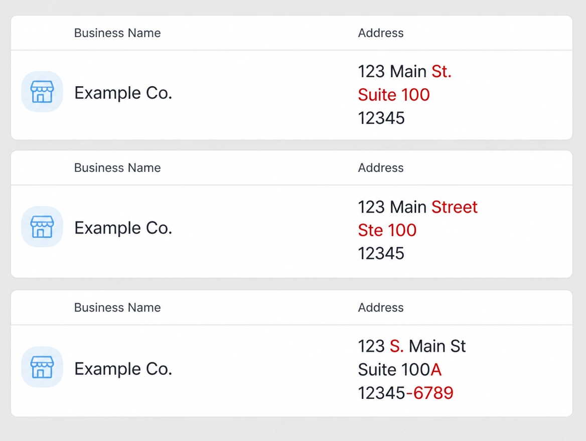 Three listings showing the same address written three different ways