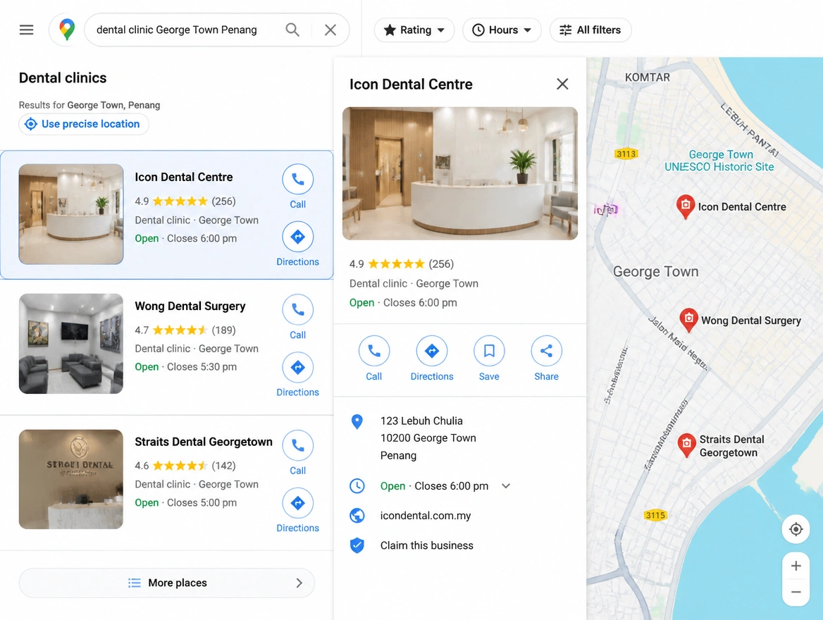 Map results for dental clinics in George Town with ratings and call buttons
