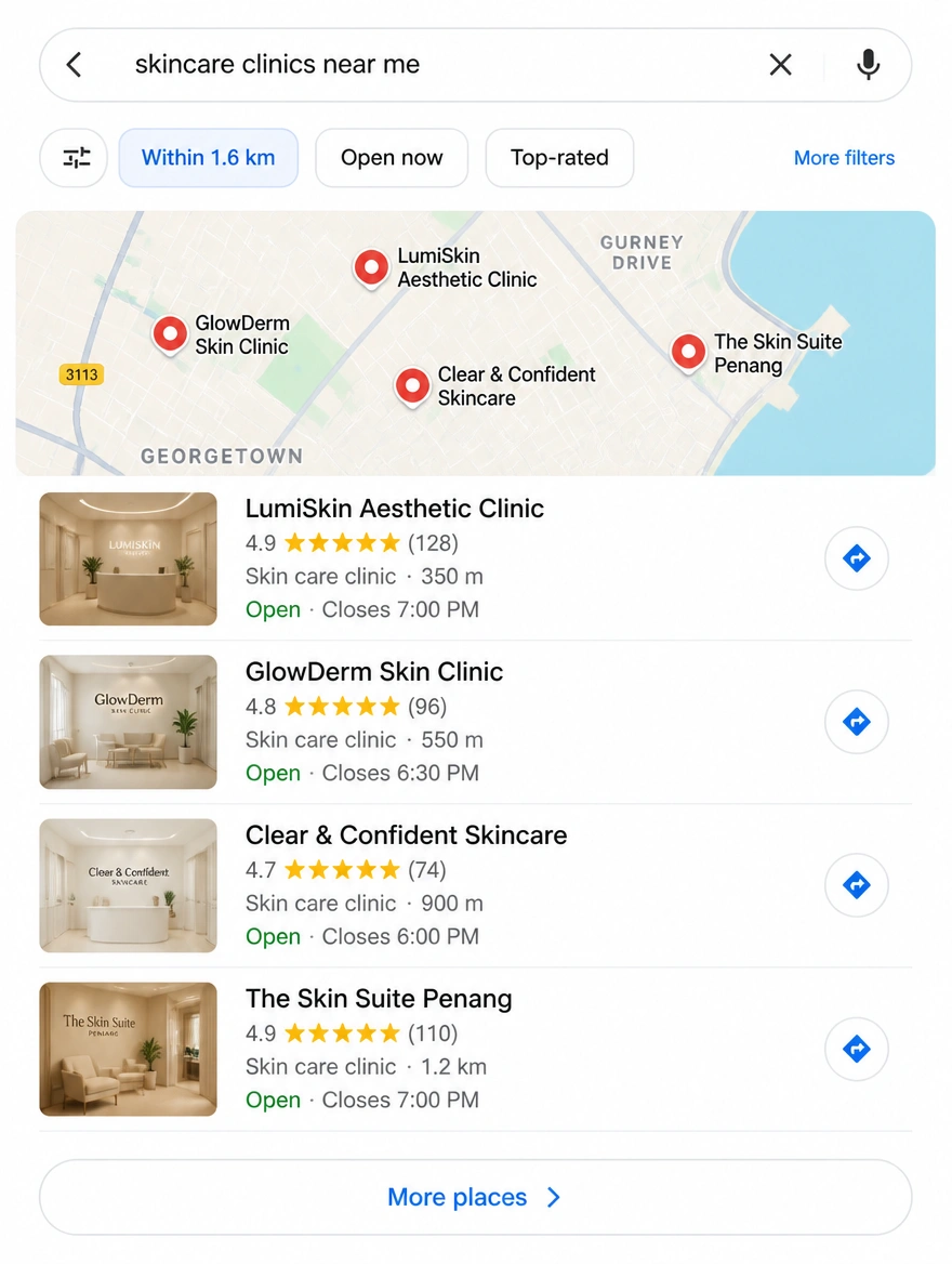 A phone showing a nearby search for skincare clinics in Penang with distances