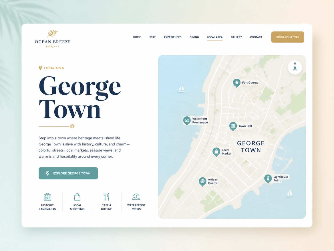 Website mockup showing area pages