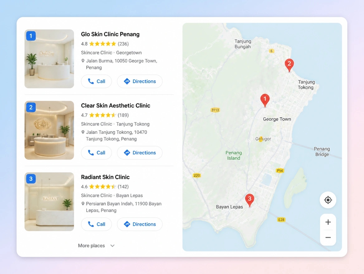 Website mockup showing map results