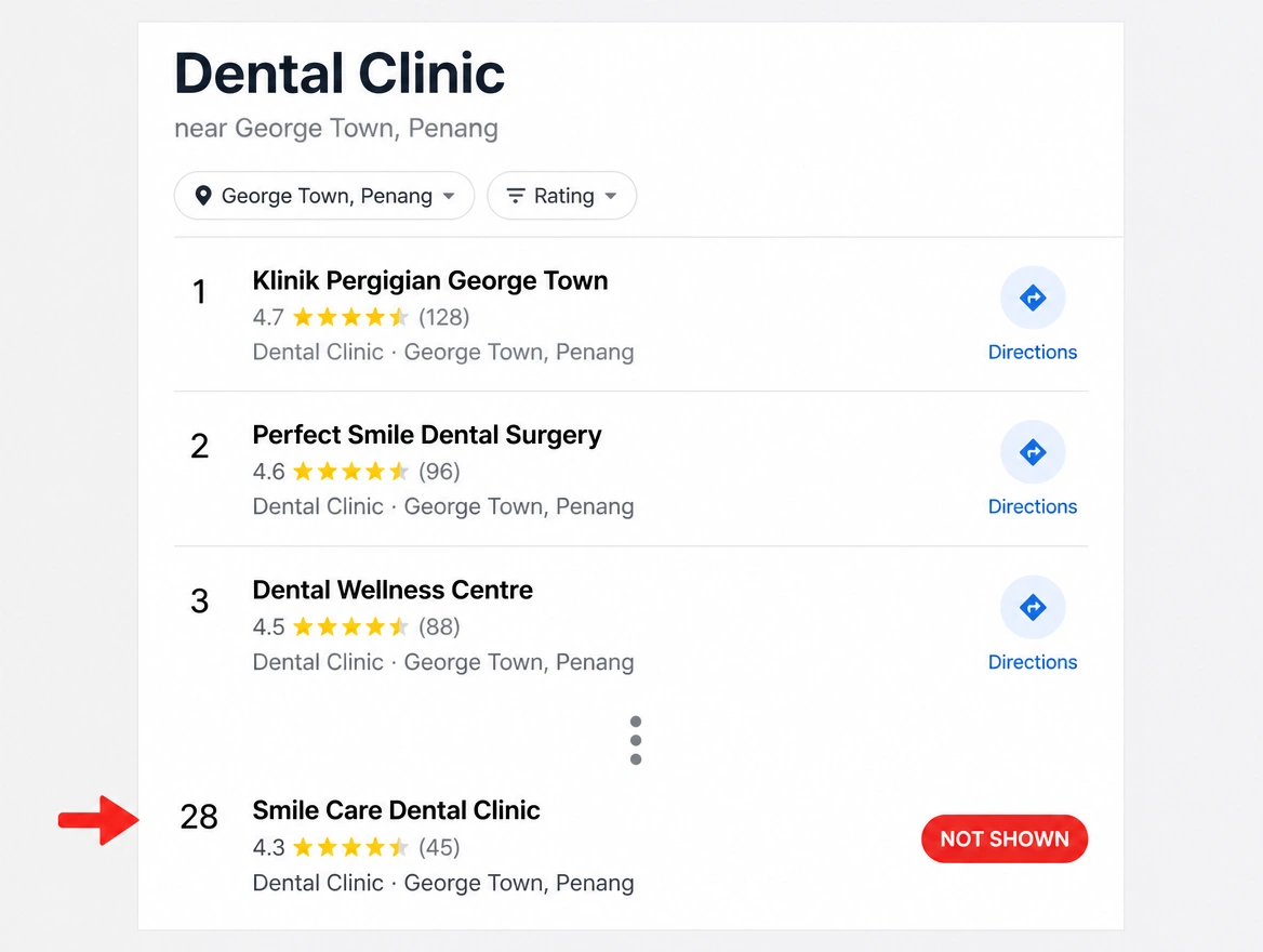 A map result list where the business sits far down, marked in red