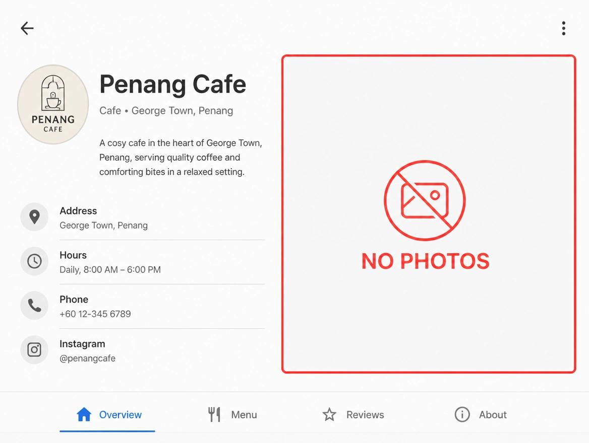 A business profile with an empty photo gallery marked in red