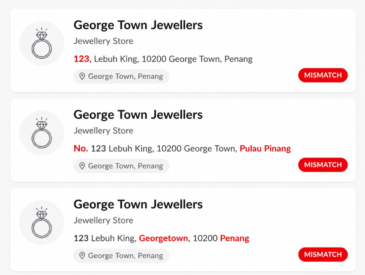 The same shop address written three different ways across three listings