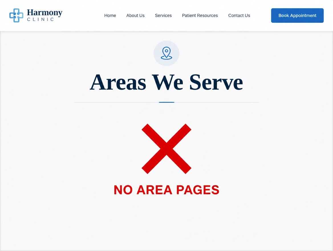 A website page with an empty list of areas served