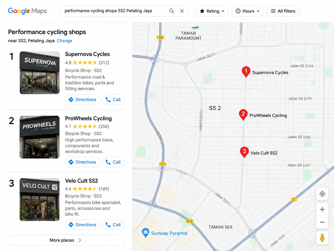 Map results for bicycle shops in SS2 Petaling Jaya with ratings and directions buttons