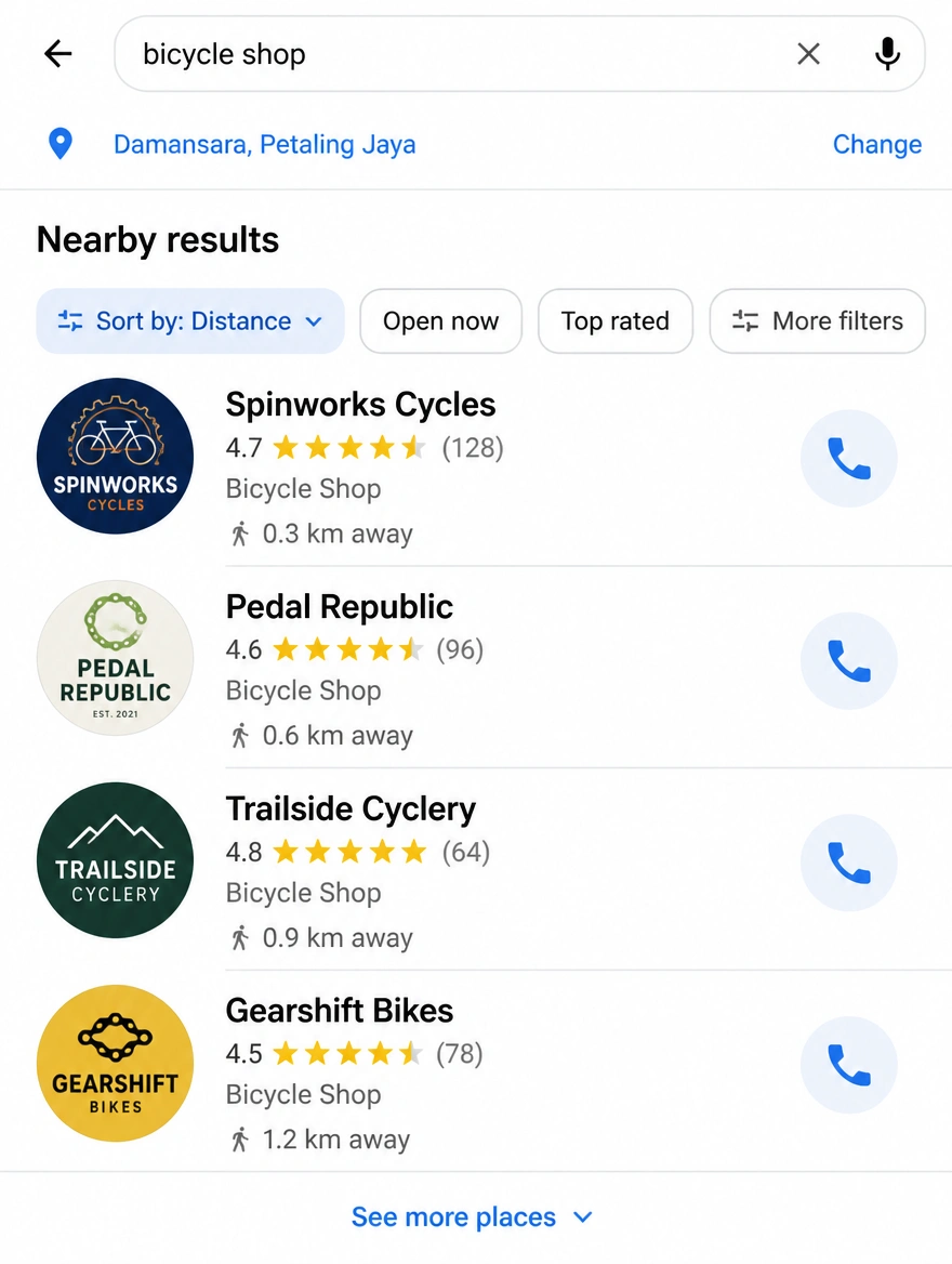 A phone showing a nearby search in Damansara with walking distances and call buttons