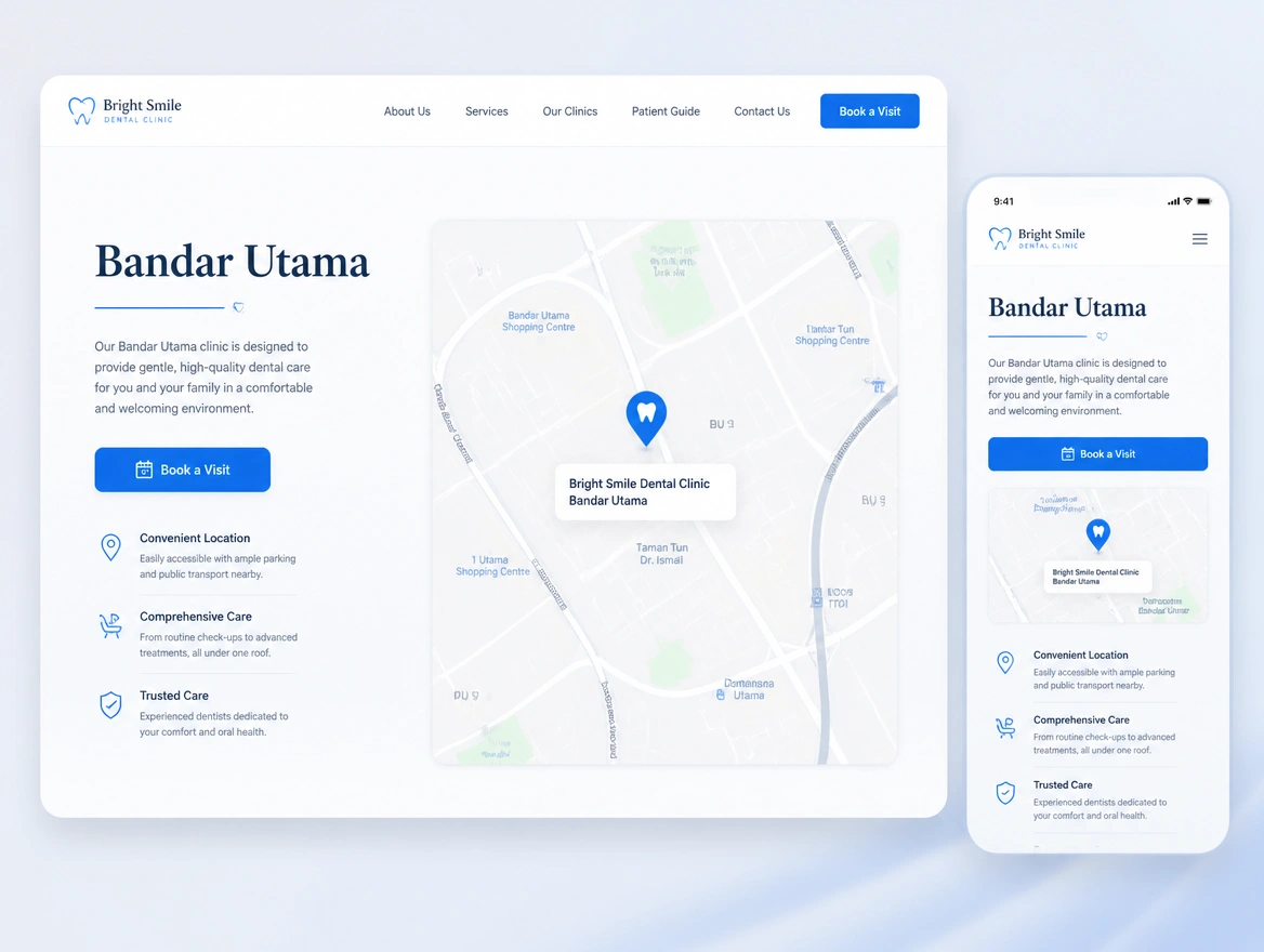 Website mockup showing area pages
